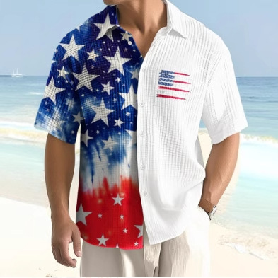 Men's Vintage Independence Day Flag Print Casual Shirt (With Pockets)