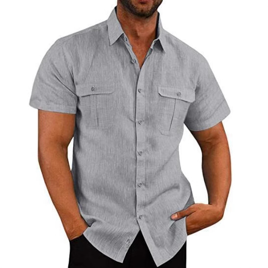 Men's Double Pocket Cotton Linen Short Sleeve Shirt