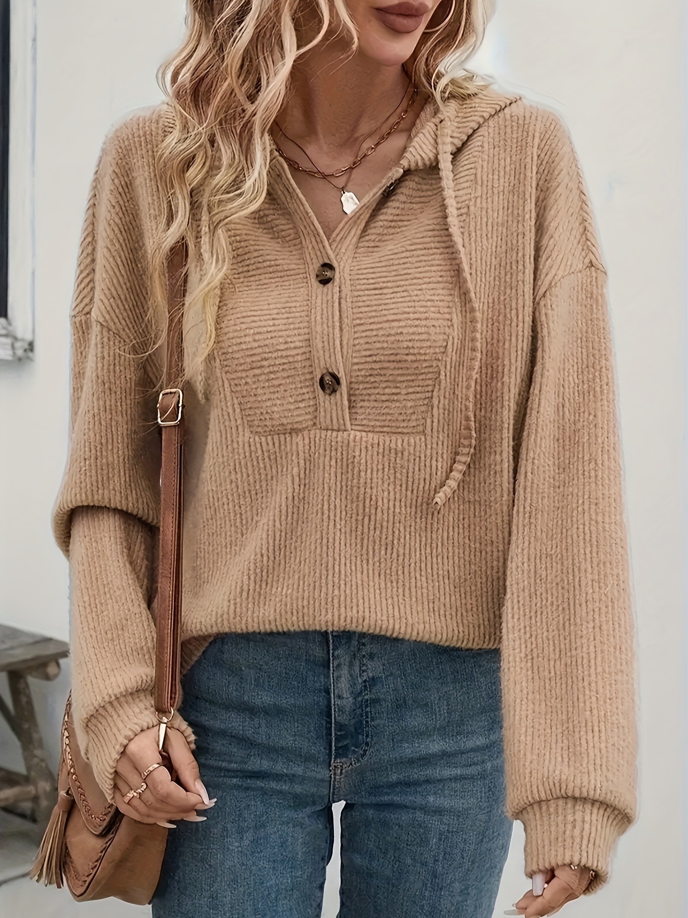 Women's autumn/winter ribbed long-sleeved hooded sweatshirt