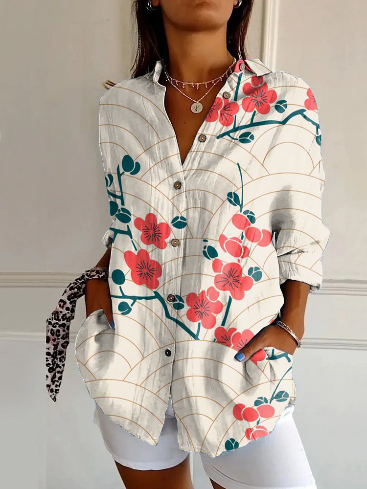 Women's Embroidered Floral Pattern Linen Blend Street Shirt