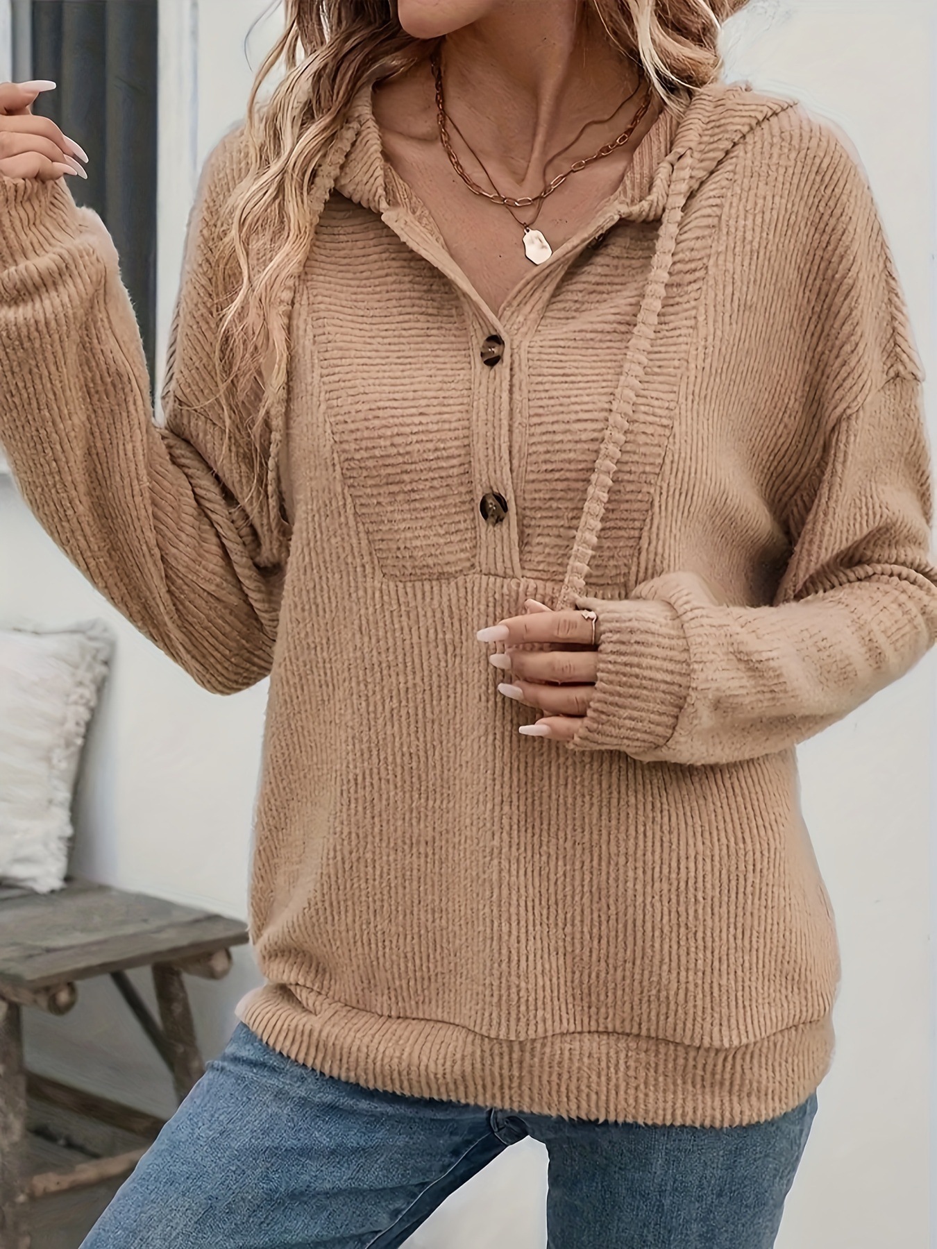 Women's autumn/winter ribbed long-sleeved hooded sweatshirt