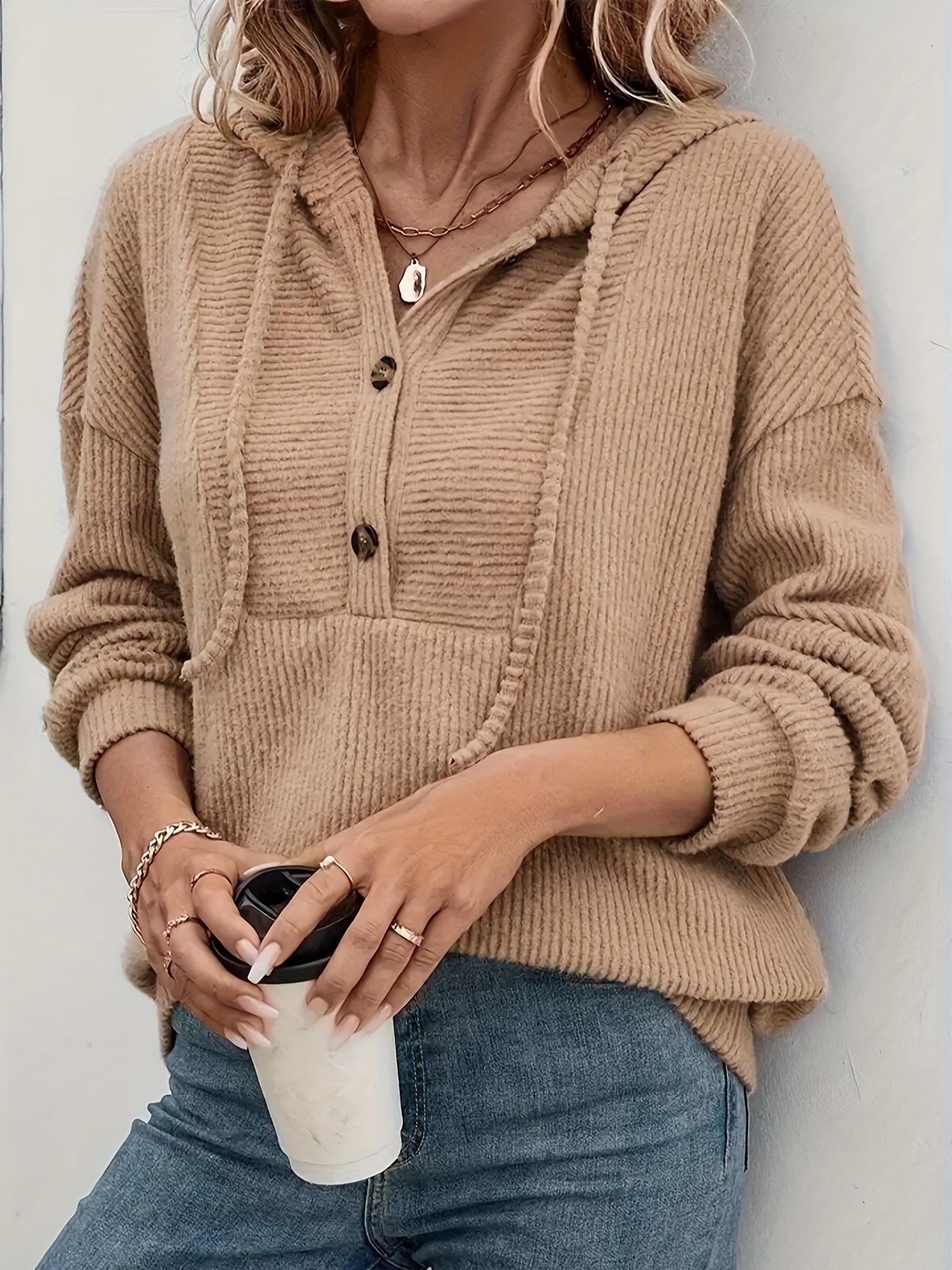 Women's autumn/winter ribbed long-sleeved hooded sweatshirt