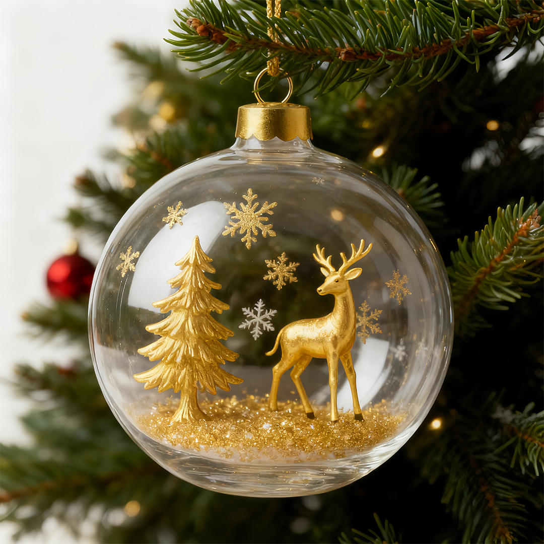 🌲 Golden Woodland Christmas Globe Ornament