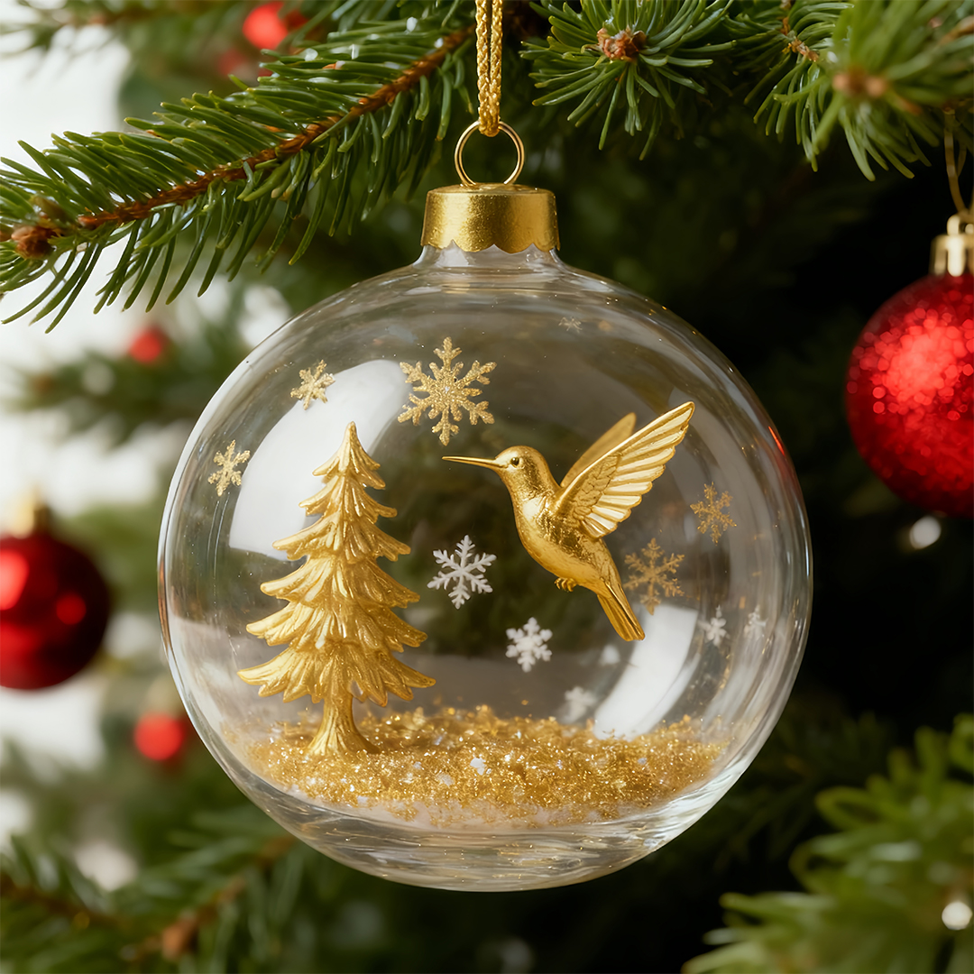 🌲 Golden Woodland Christmas Globe Ornament