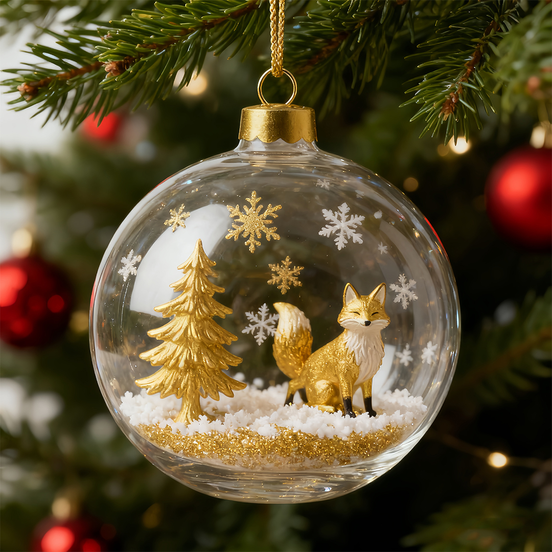 🌲 Golden Woodland Christmas Globe Ornament