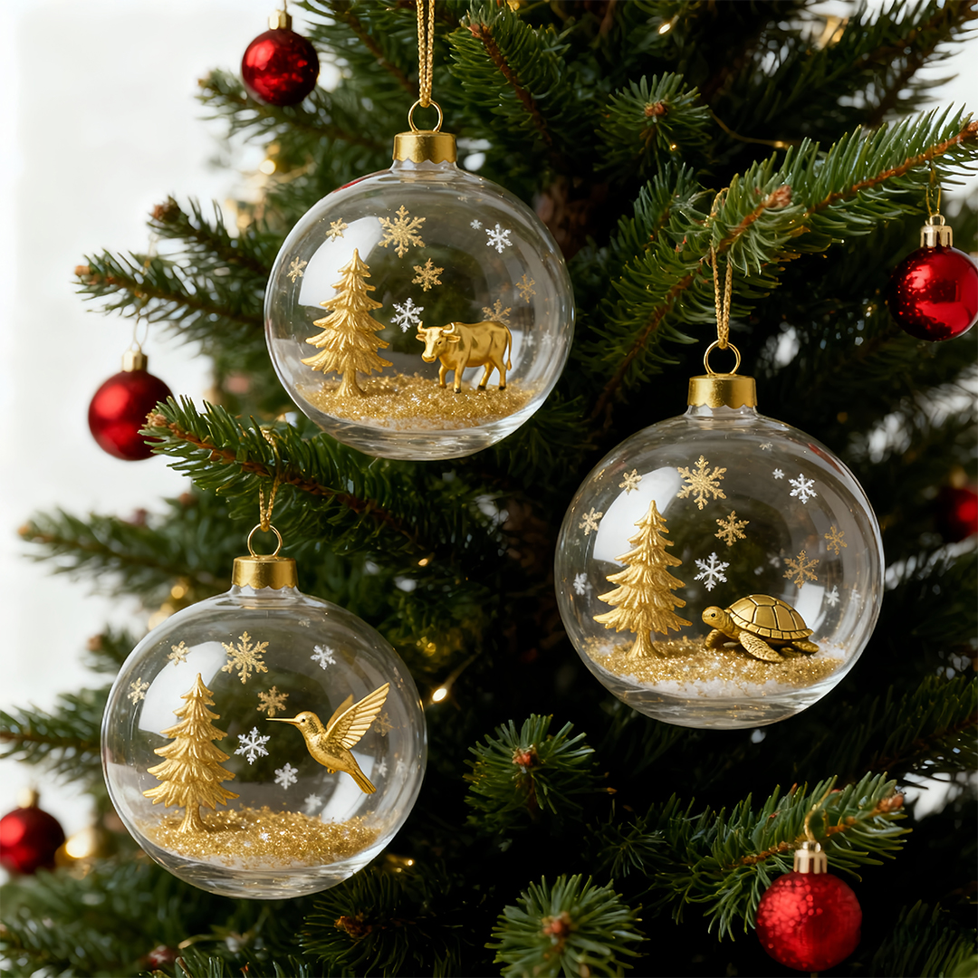 🌲 Golden Woodland Christmas Globe Ornament