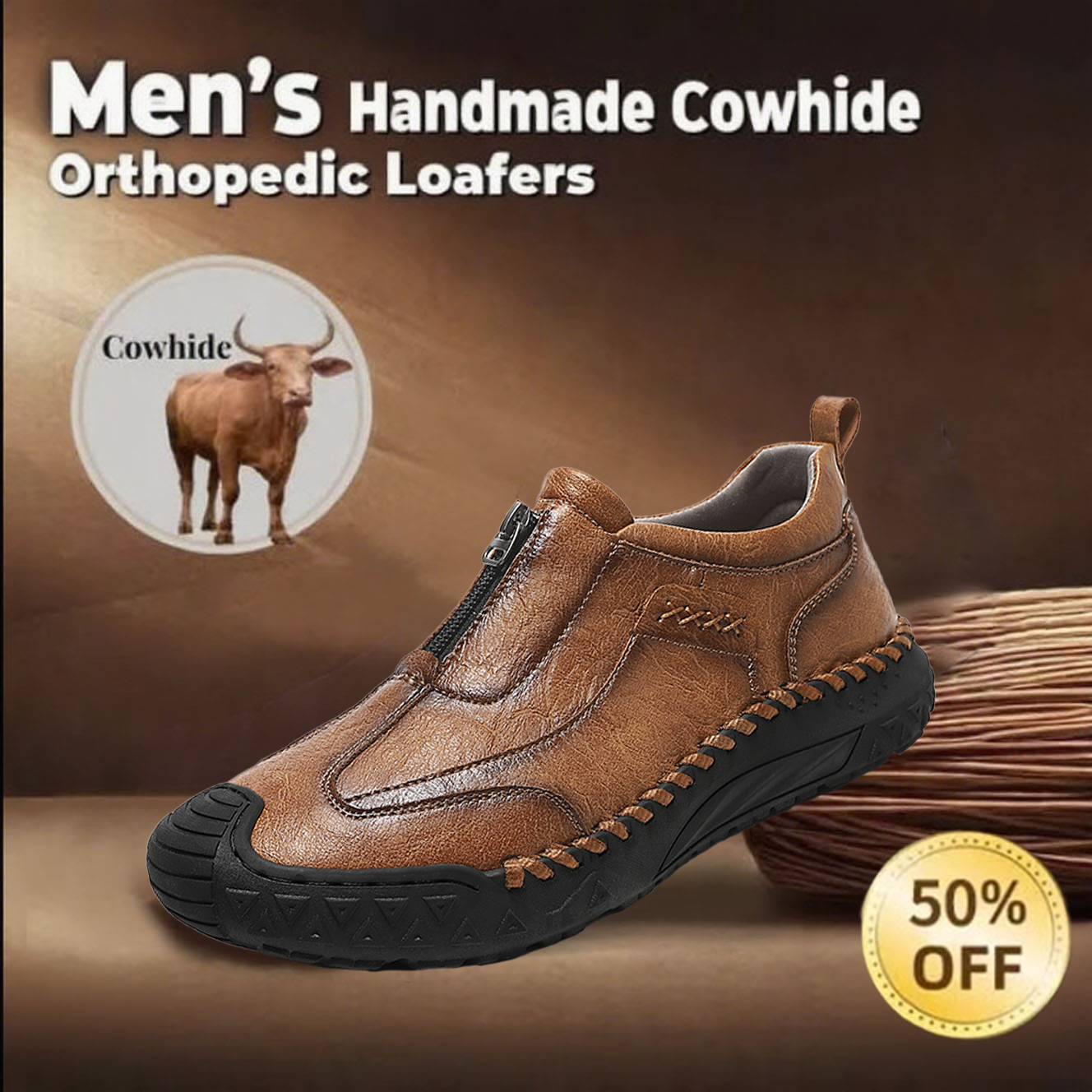 ⏰ 60% off -Men's genuine leather handmade non-slip slip-on shoes with corrective function