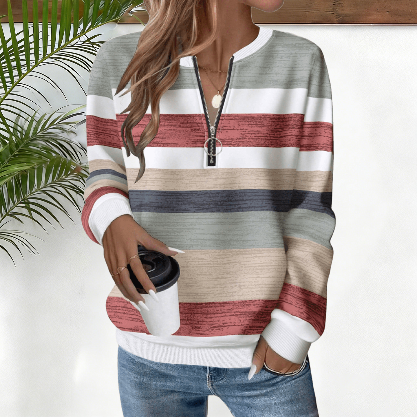 Women's striped zip-up long-sleeved collared sweatshirt