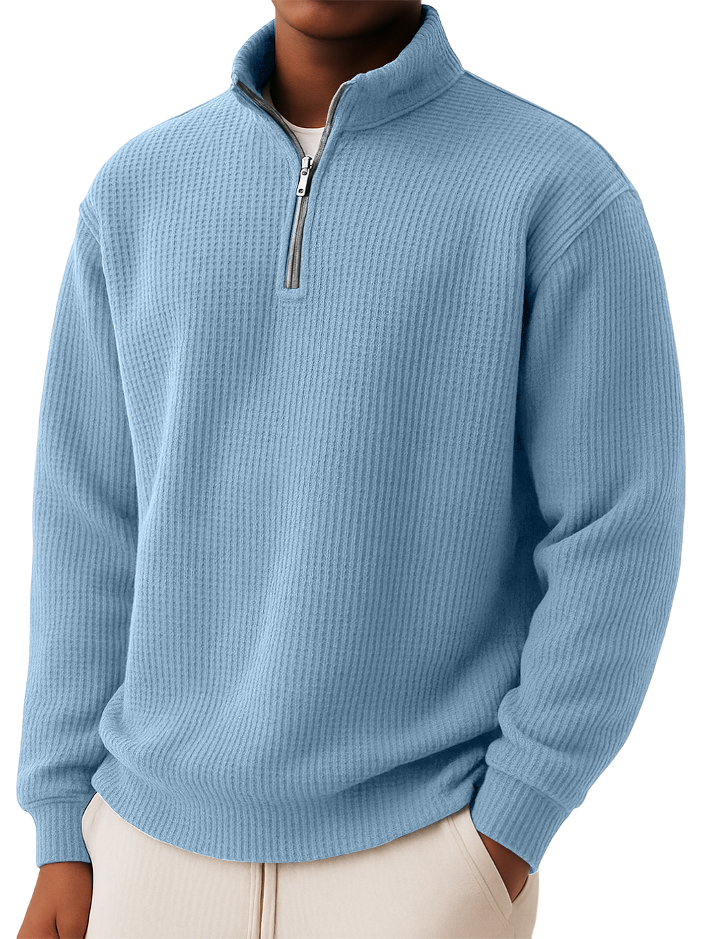 Men's Casual Simple Waffle Quarter Zip Long Sleeved T-shirt