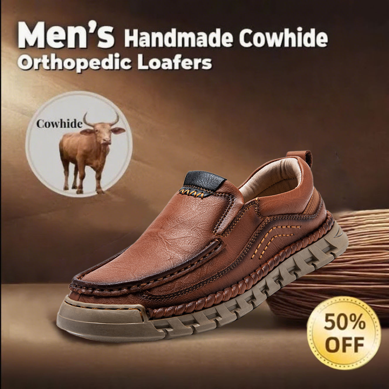 🔥Today 50% off🔥Men's Handmade Leather Orthopedic Loafers with Arch Support