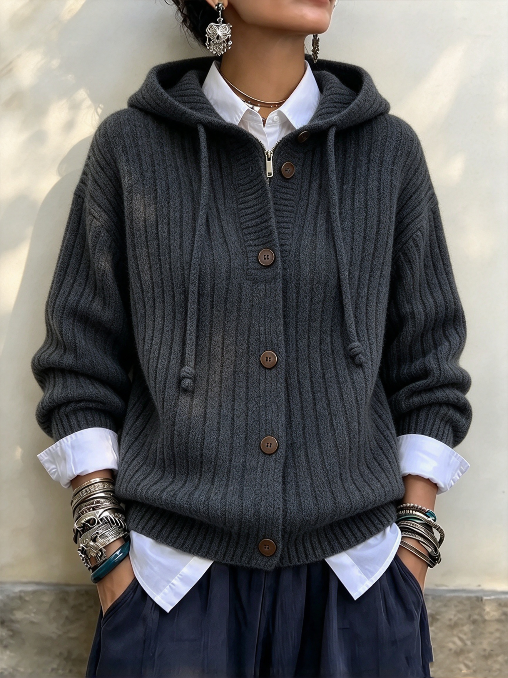 Sunlit Ribbed Knit Hooded Half-Zip Pullover