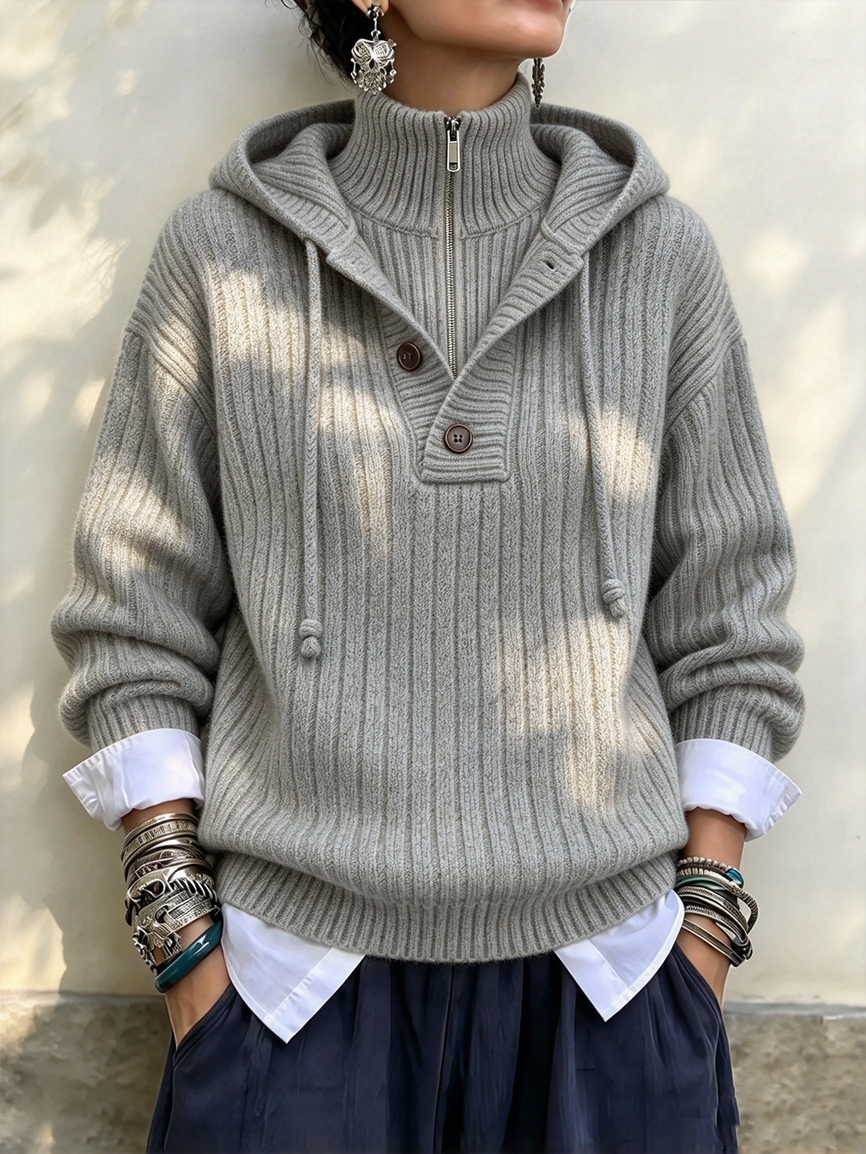 Sunlit Ribbed Knit Hooded Half-Zip Pullover