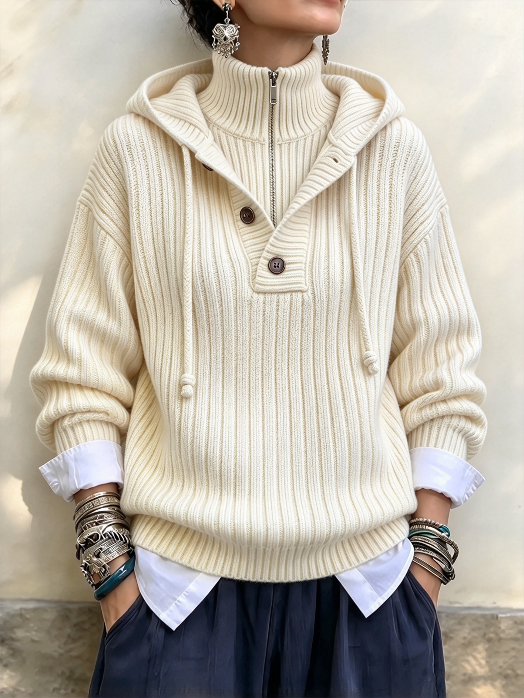 Sunlit Ribbed Knit Hooded Half-Zip Pullover