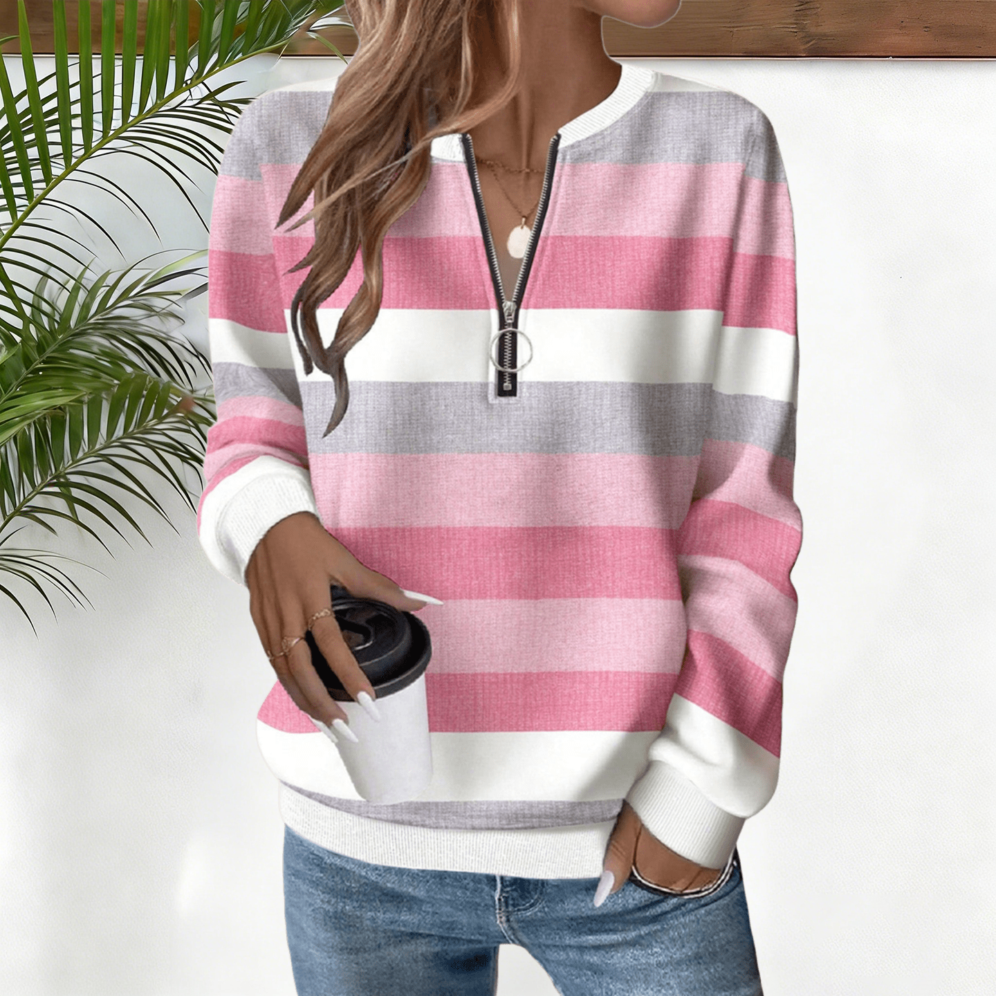 Women's striped zip-up long-sleeved collared sweatshirt