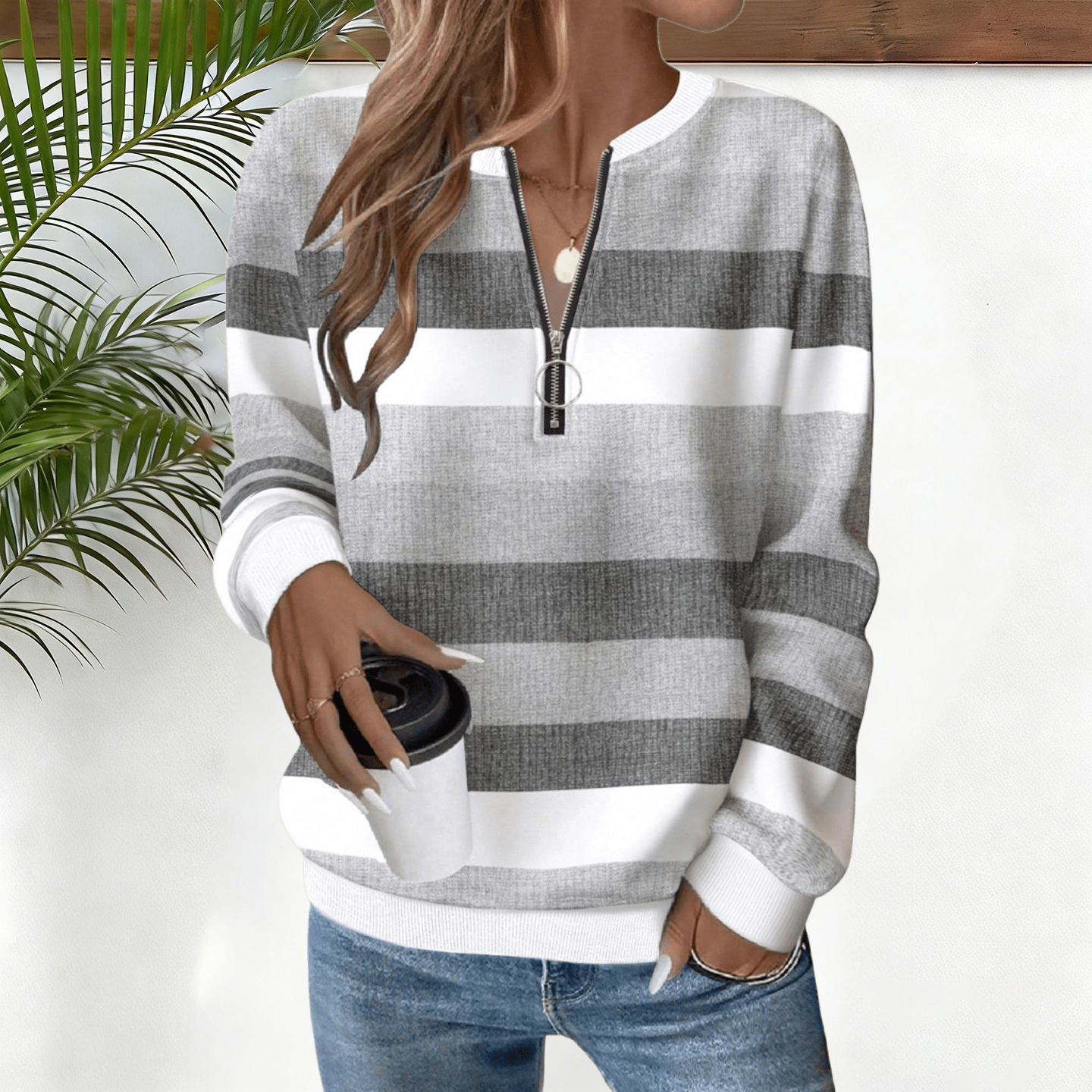 Women's striped zip-up long-sleeved collared sweatshirt