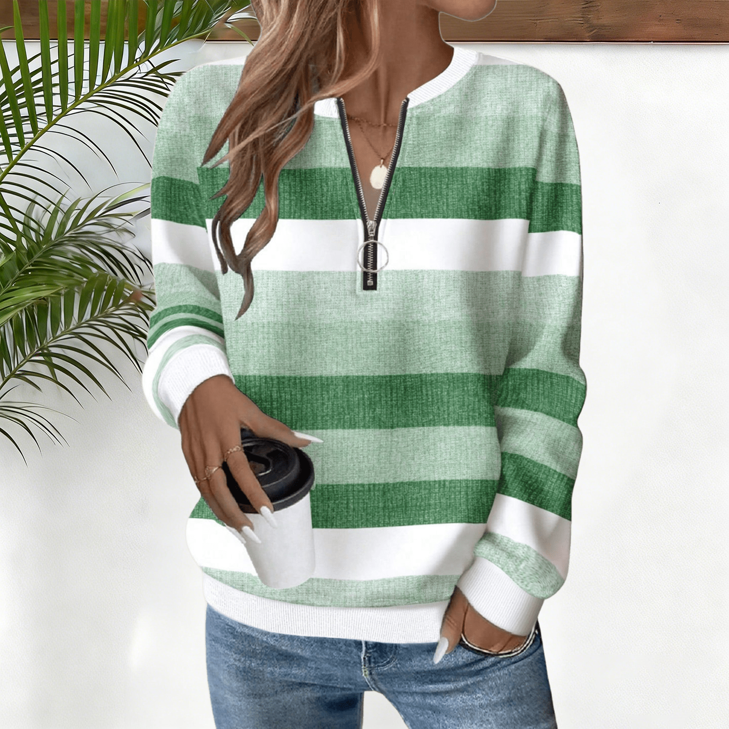 Women's striped zip-up long-sleeved collared sweatshirt