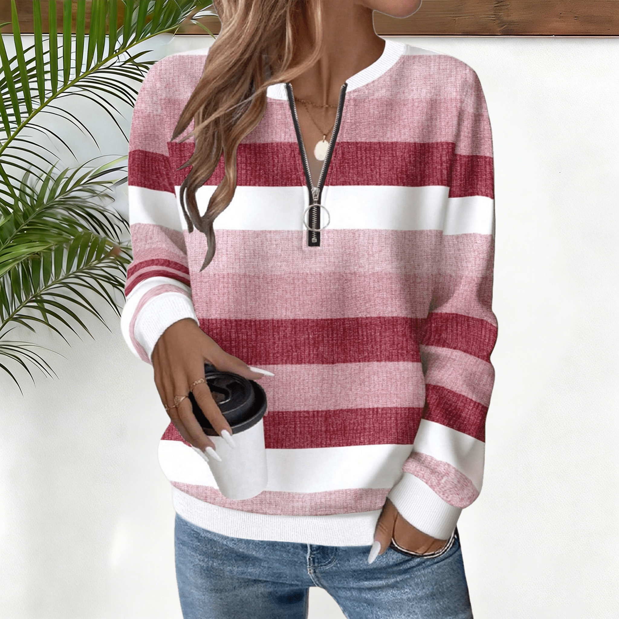 Women's striped zip-up long-sleeved collared sweatshirt