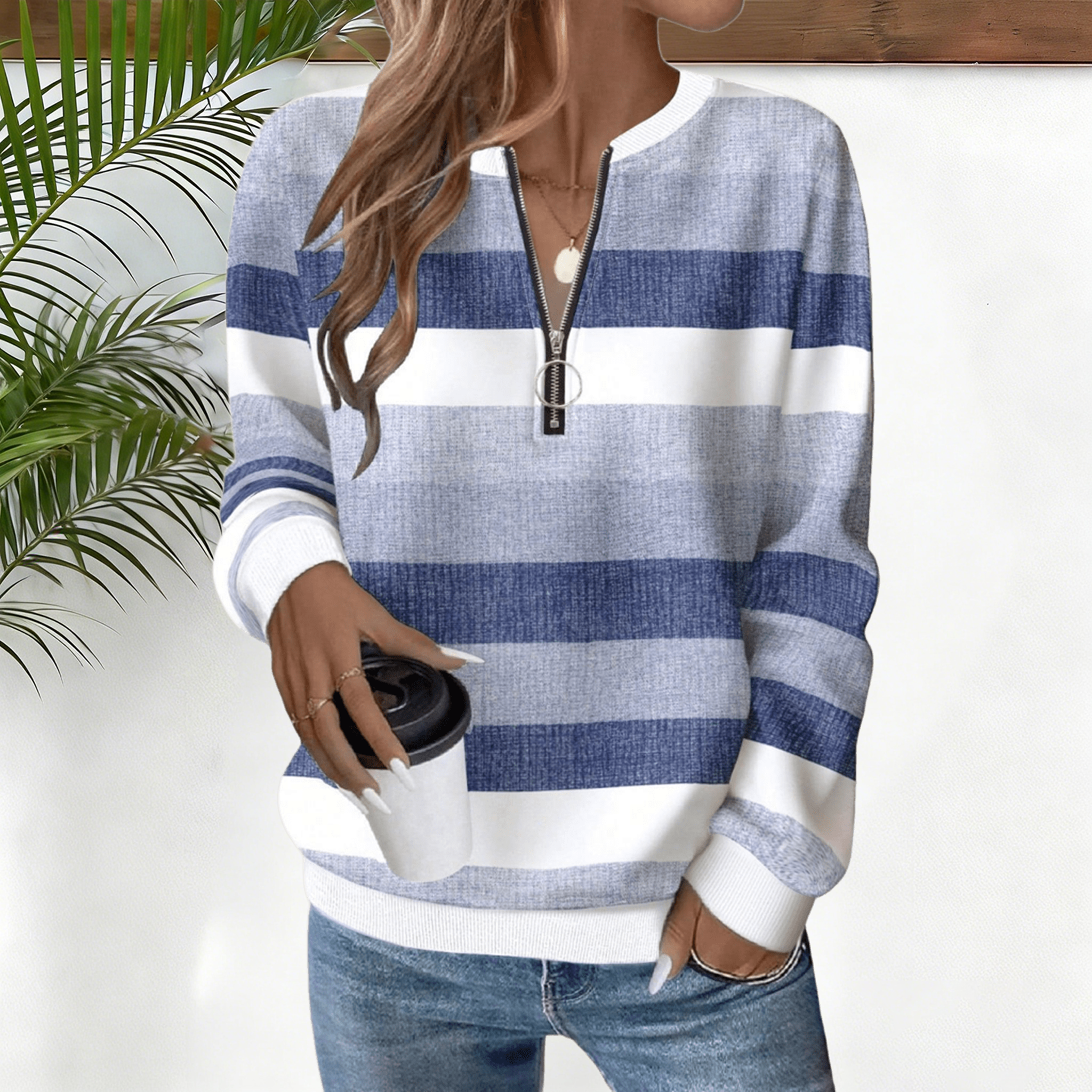 Women's striped zip-up long-sleeved collared sweatshirt