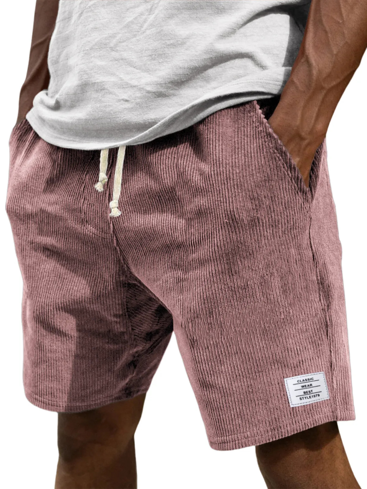 Men's Stylish Corduroy Simple Embroidered Logo Casual Lace-up Loose Shorts