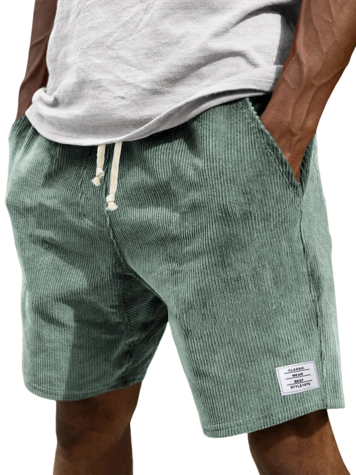 Men's Stylish Corduroy Simple Embroidered Logo Casual Lace-up Loose Shorts