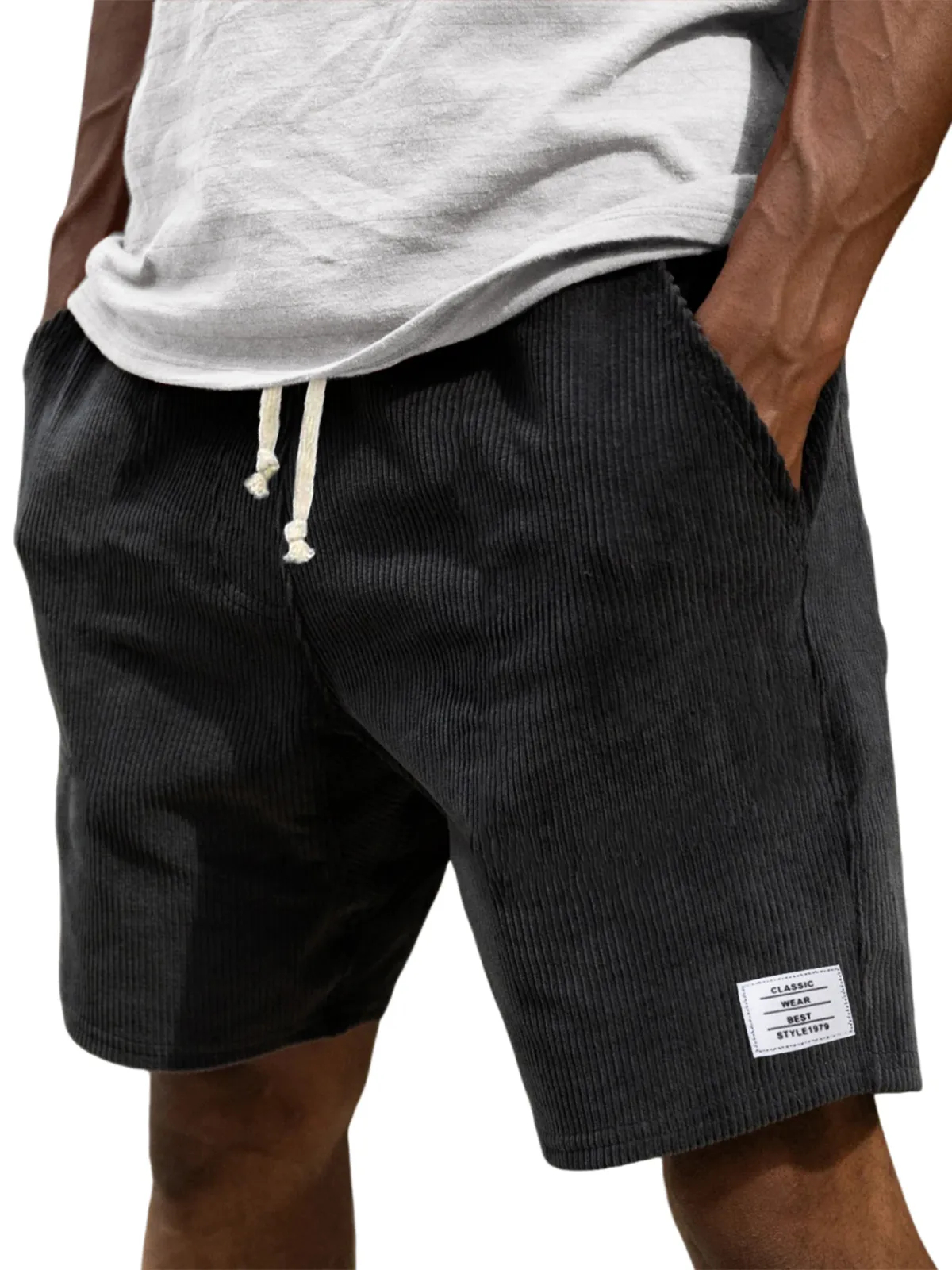 Men's Stylish Corduroy Simple Embroidered Logo Casual Lace-up Loose Shorts