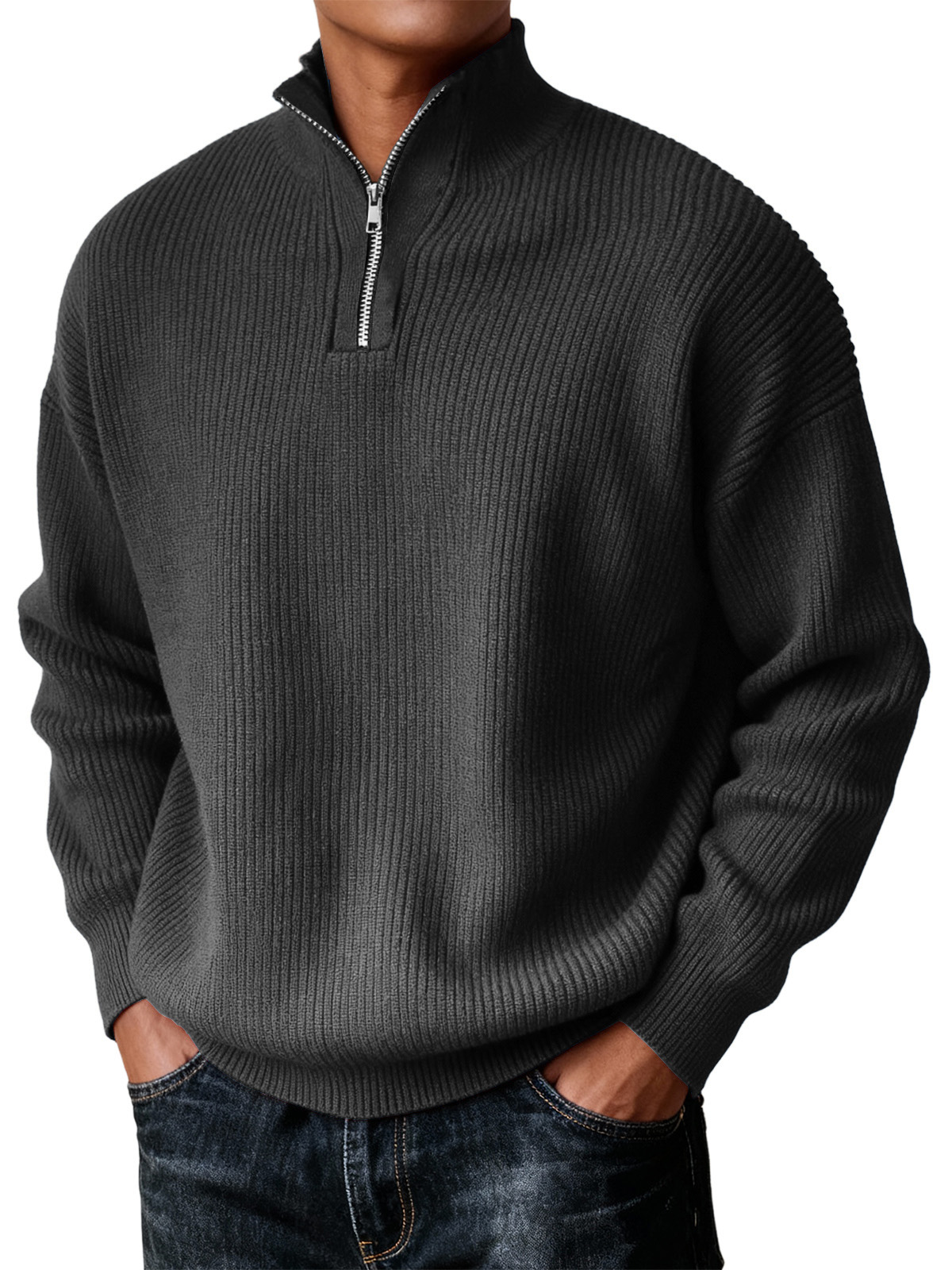 Men's Simple Zipper Turtleneck Casual Knitted Sweater Christmas and New Year Sweater