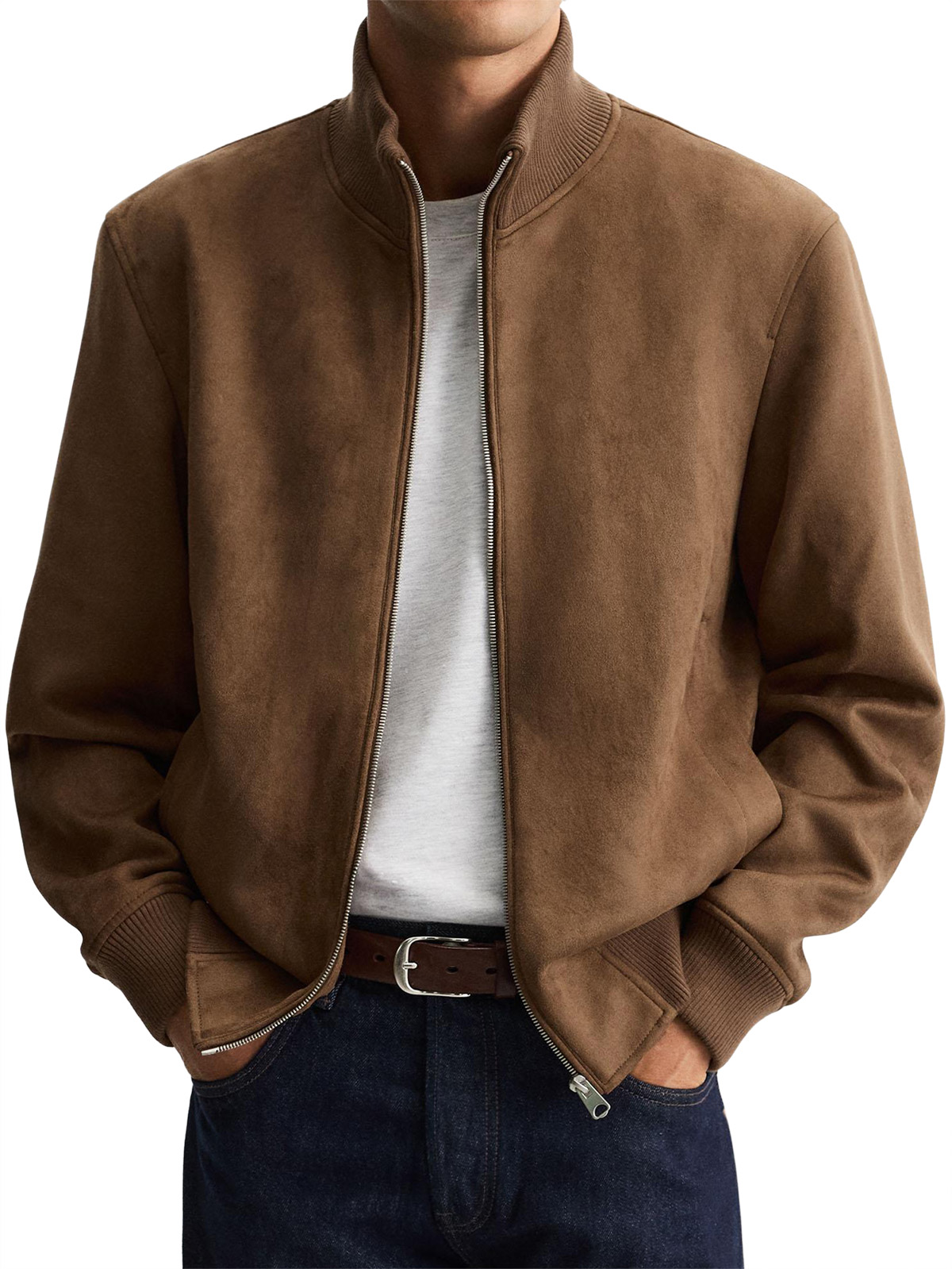 Men's Suede Stand Collar Zip-Up Jacket