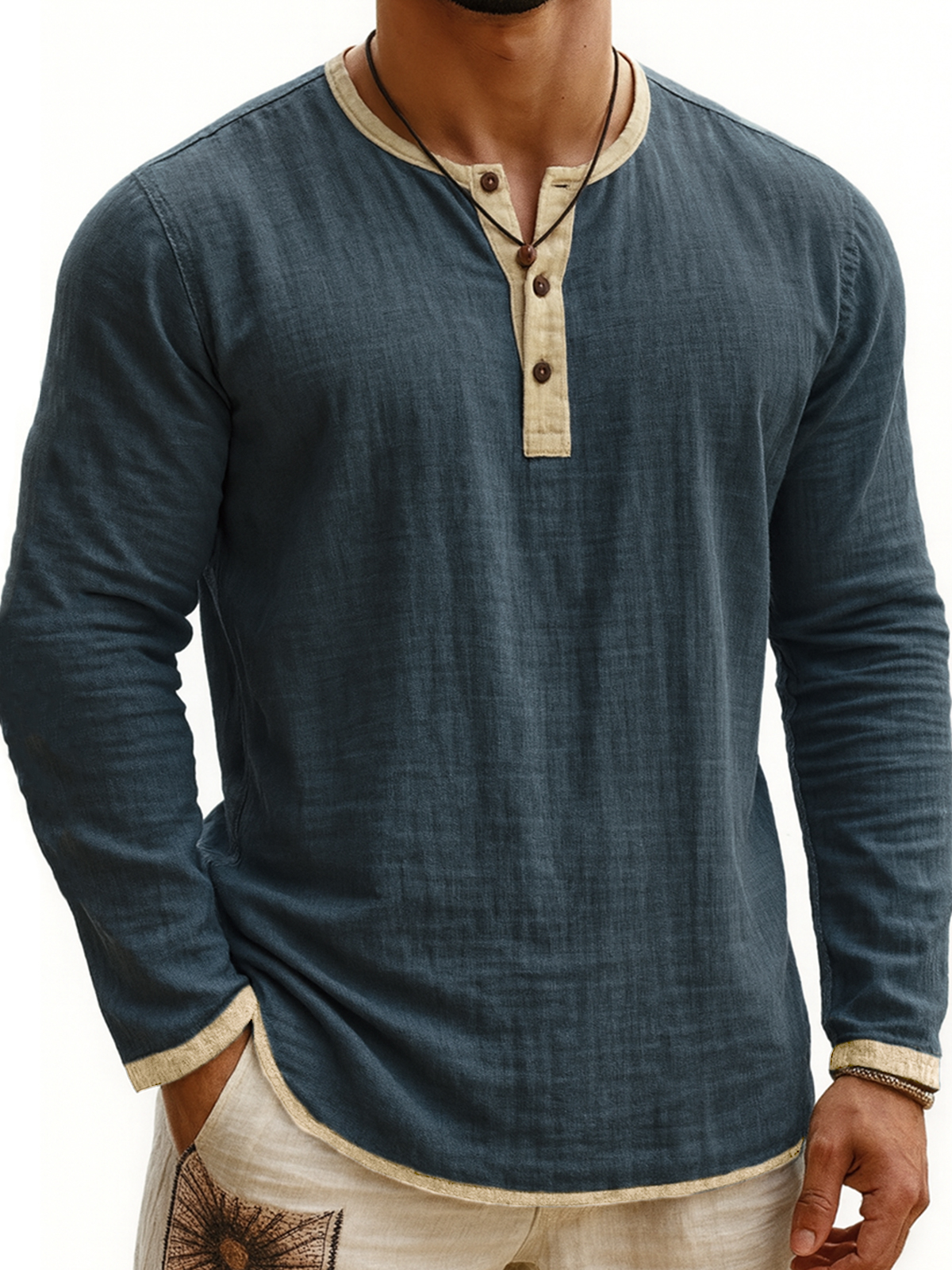 Men's Breathable Linen Vintage Contrast Casual Henley Shirt