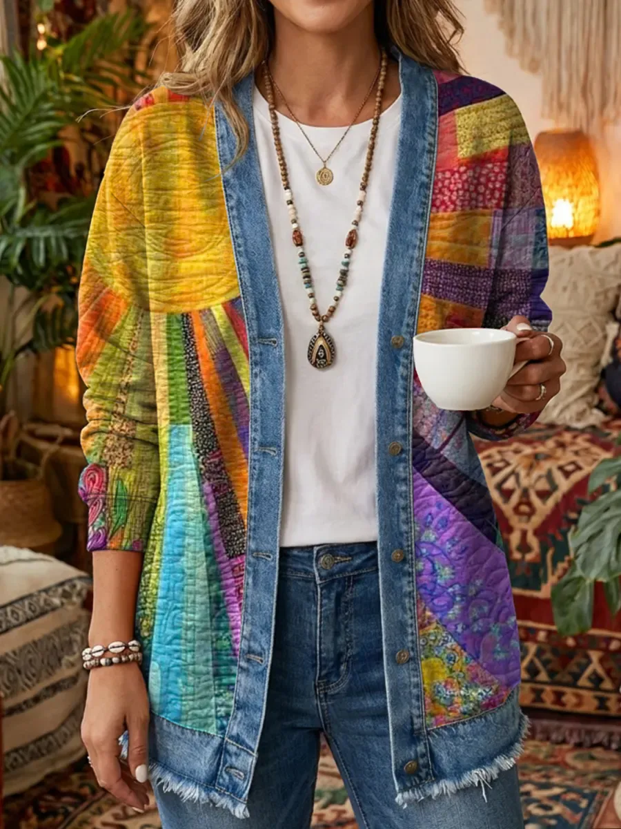 Ethnicity Geometry Texture Women's Art Print Casual Long Sleeve Shirt Coat