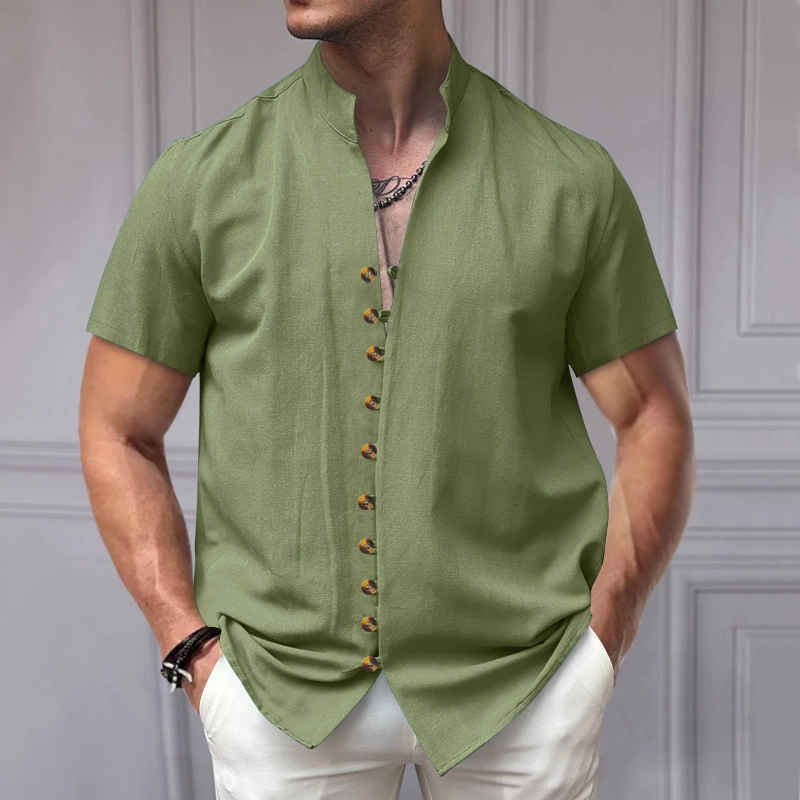 🔥Last day 70% off 🔥Men's Vintage Linen Button-Down Stand Collar Short Sleeve Shirt