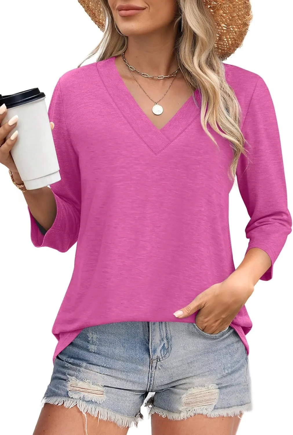 Women's V Neck 3/4 Long Sleeve Loose Fit Tops