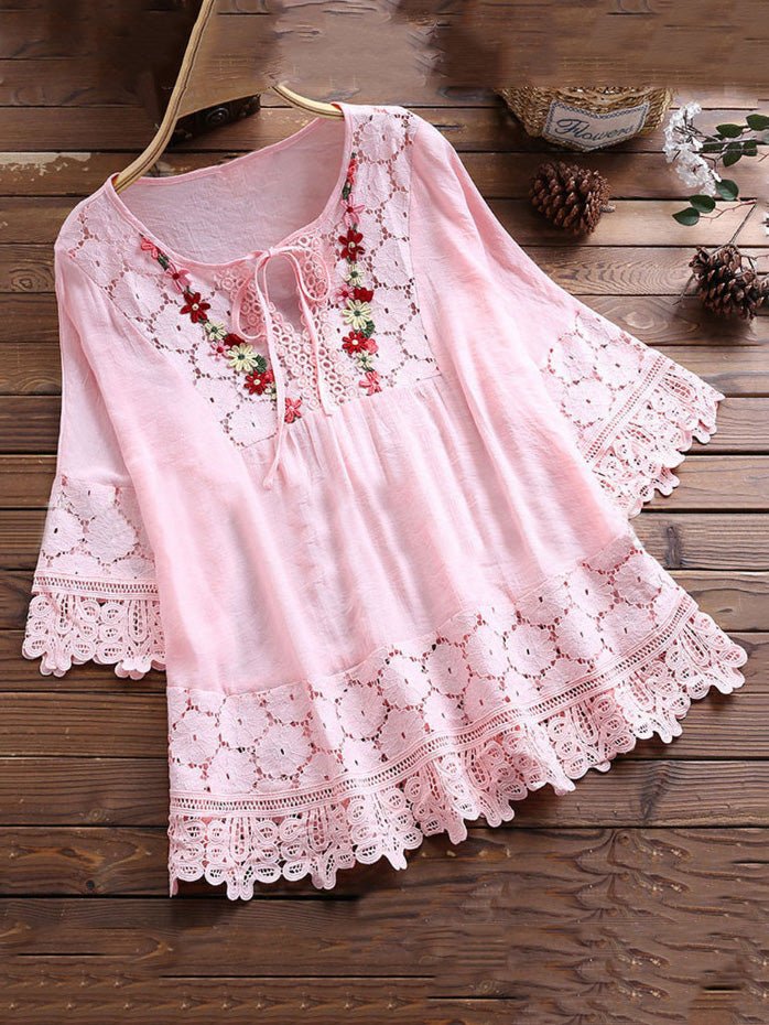 Women's Blouses Loose Belted Lace 3/4 Sleeves Blouse
