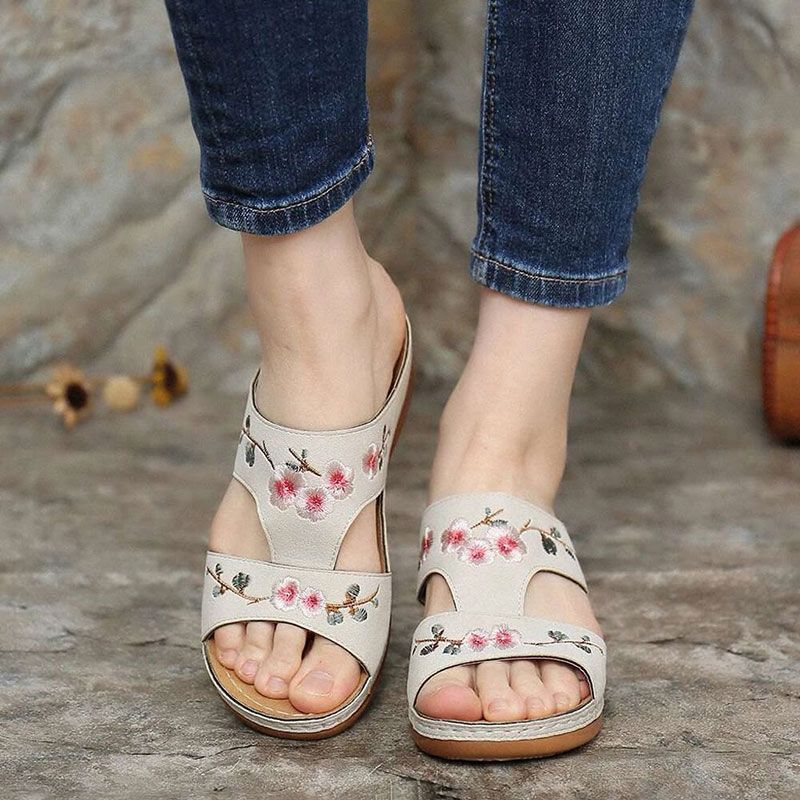 Premium Flower Embroidery Wedge Sandals