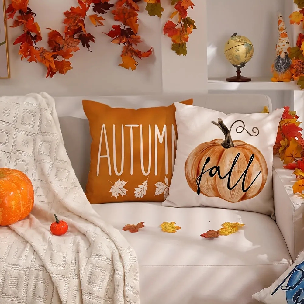 Set of 4 Pumpkin Pillow Covers for Halloween Fall Decor, Machine Washable