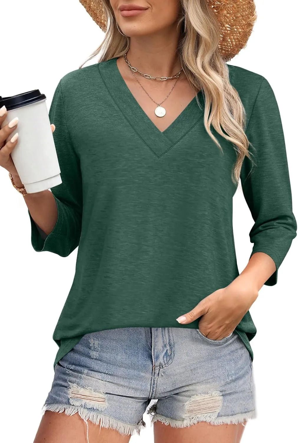 Women's V Neck 3/4 Long Sleeve Loose Fit Tops