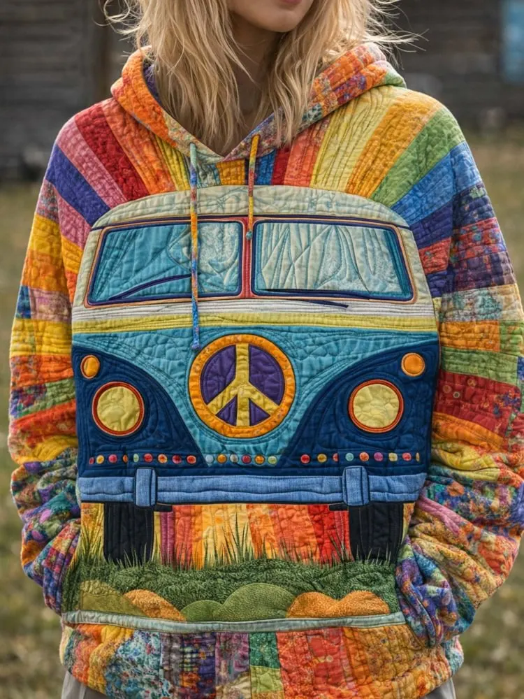 Hippie Van Quilted Casual Regular Fit Long Sleeve Hoodie Sweatshirt