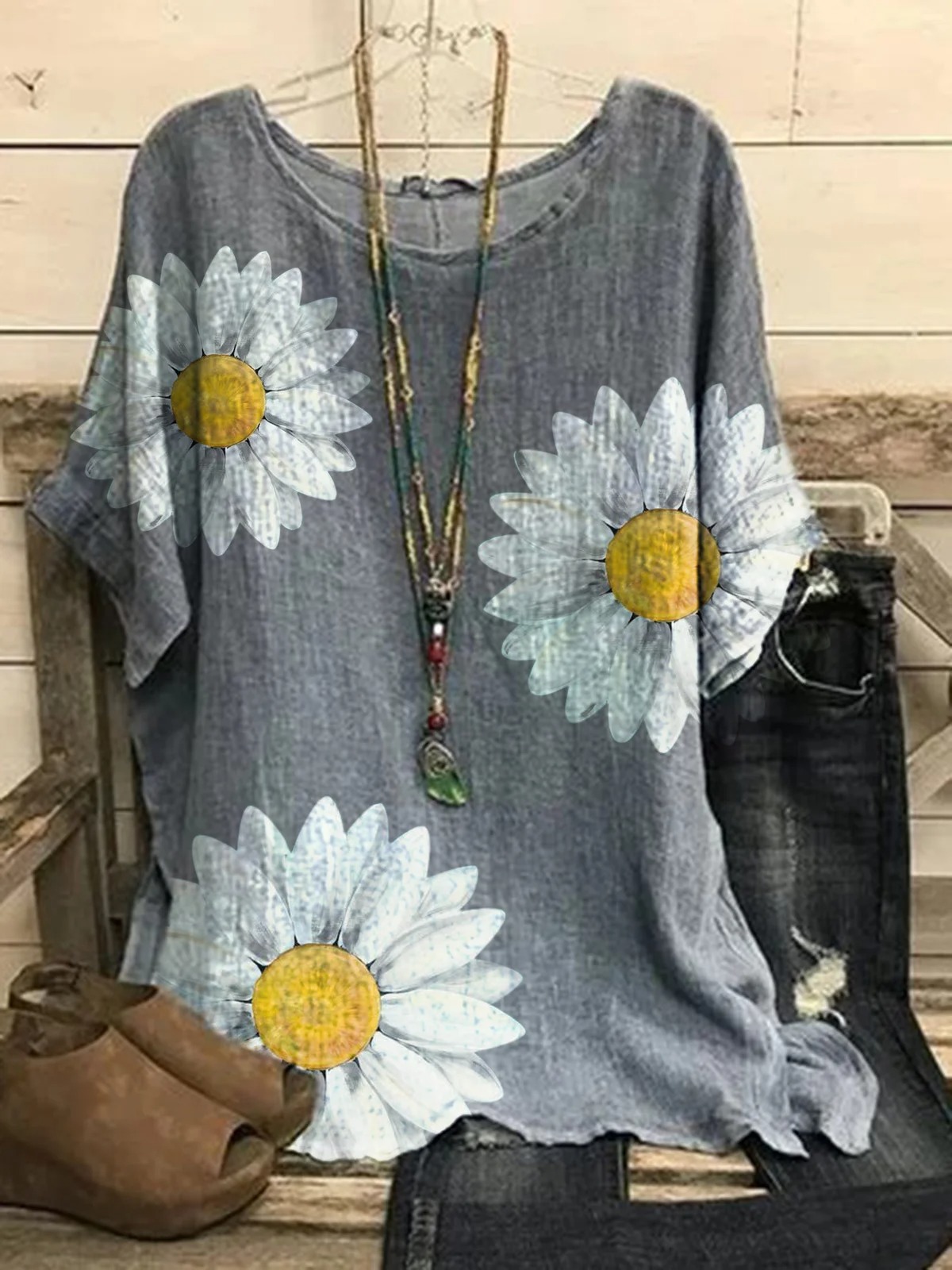 Printed Pattern Quarter Sleeve Temperament T-shirt
