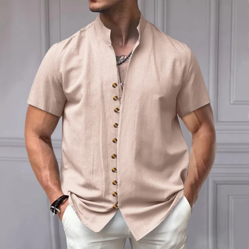 🔥Last day 70% off 🔥Men's Vintage Linen Button-Down Stand Collar Short Sleeve Shirt
