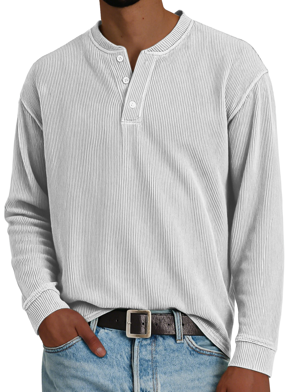 Men's Simple Loose Vertical Pit Strip Long-sleeved Henley Shirt