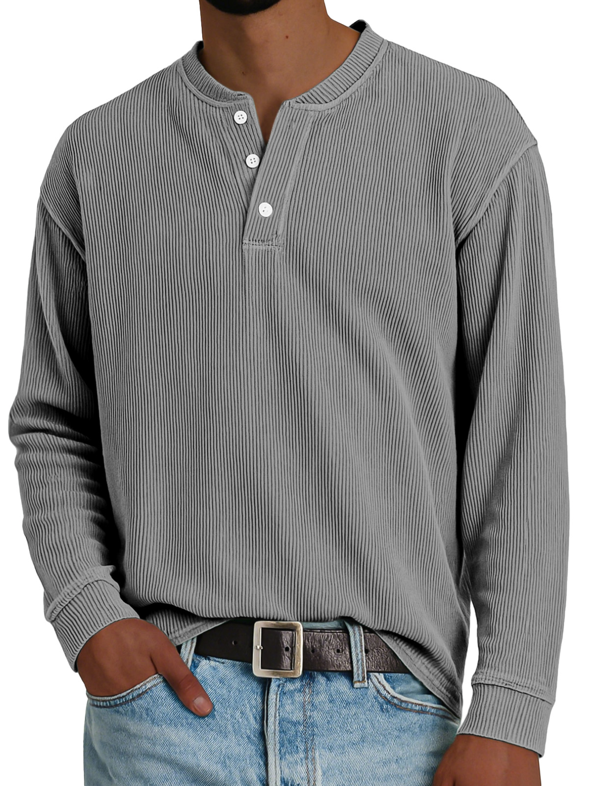 Men's Simple Loose Vertical Pit Strip Long-sleeved Henley Shirt