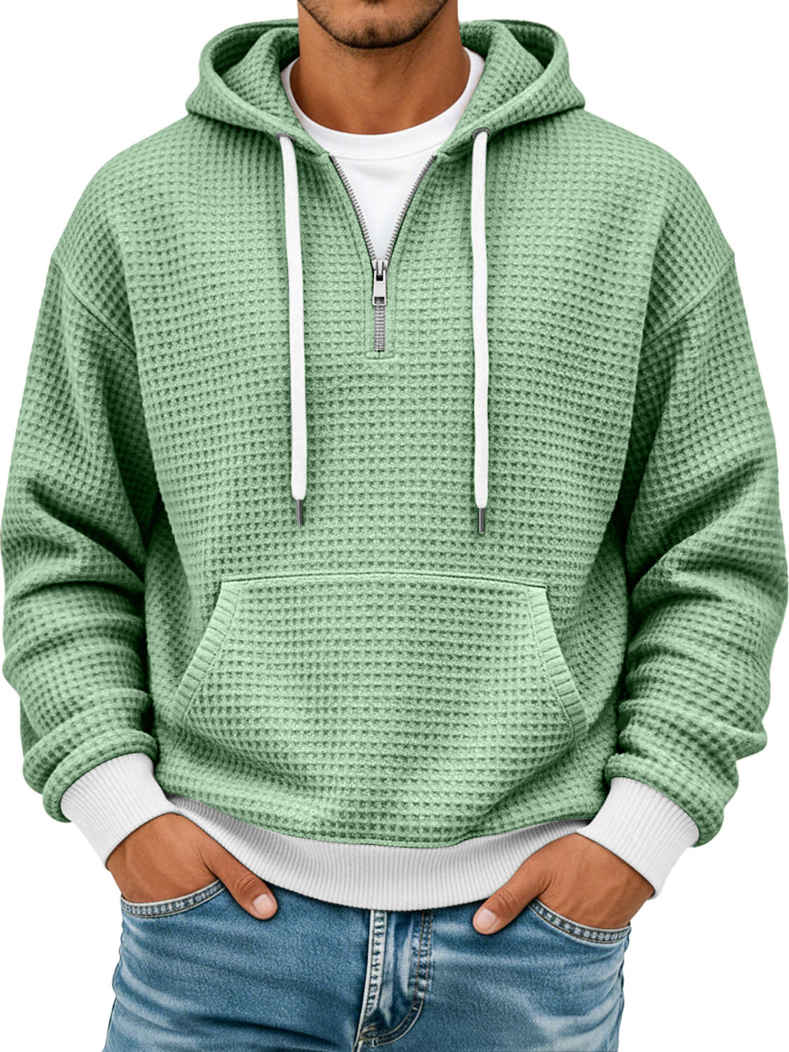 Men's Waffle Texture Colorblock Casual Hooded Sweatshirt