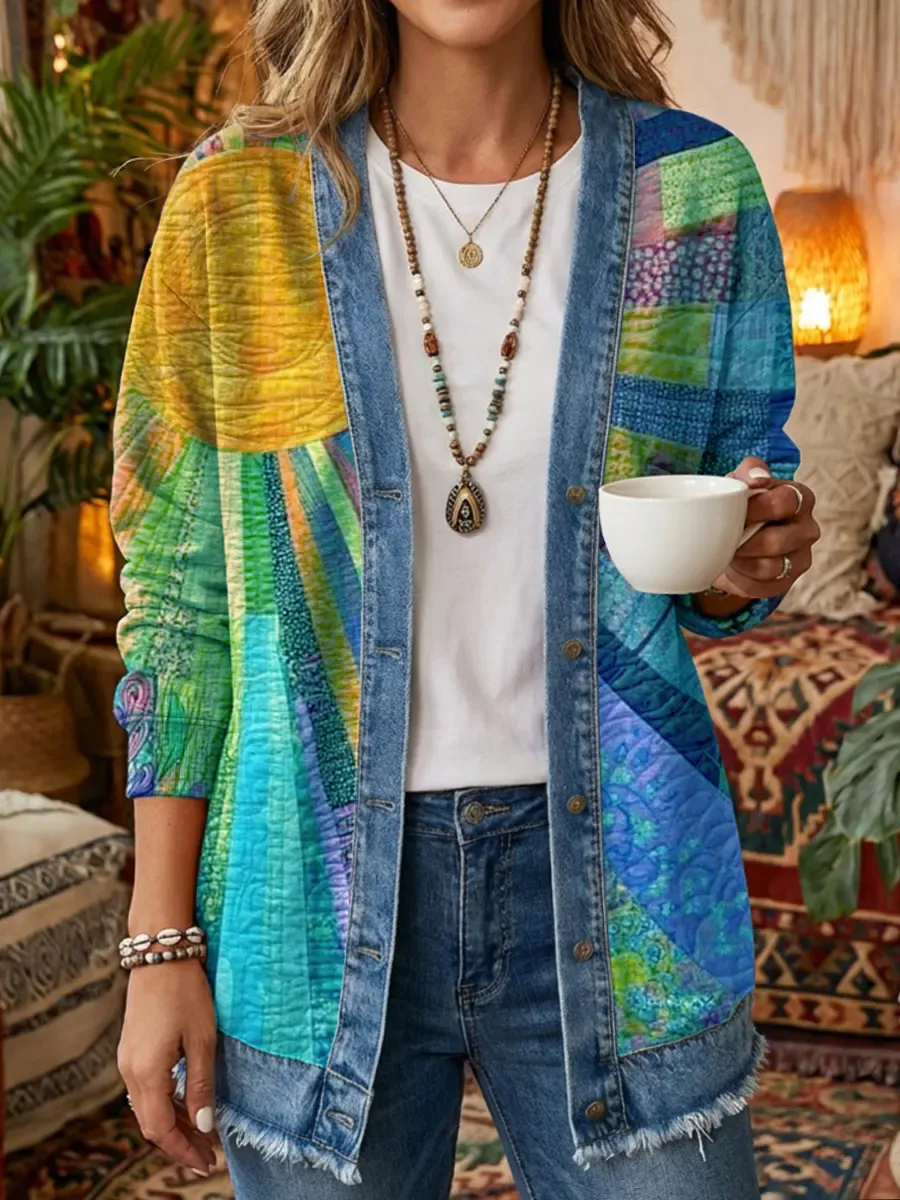 Ethnicity Geometry Texture Women's Art Print Casual Long Sleeve Shirt Coat