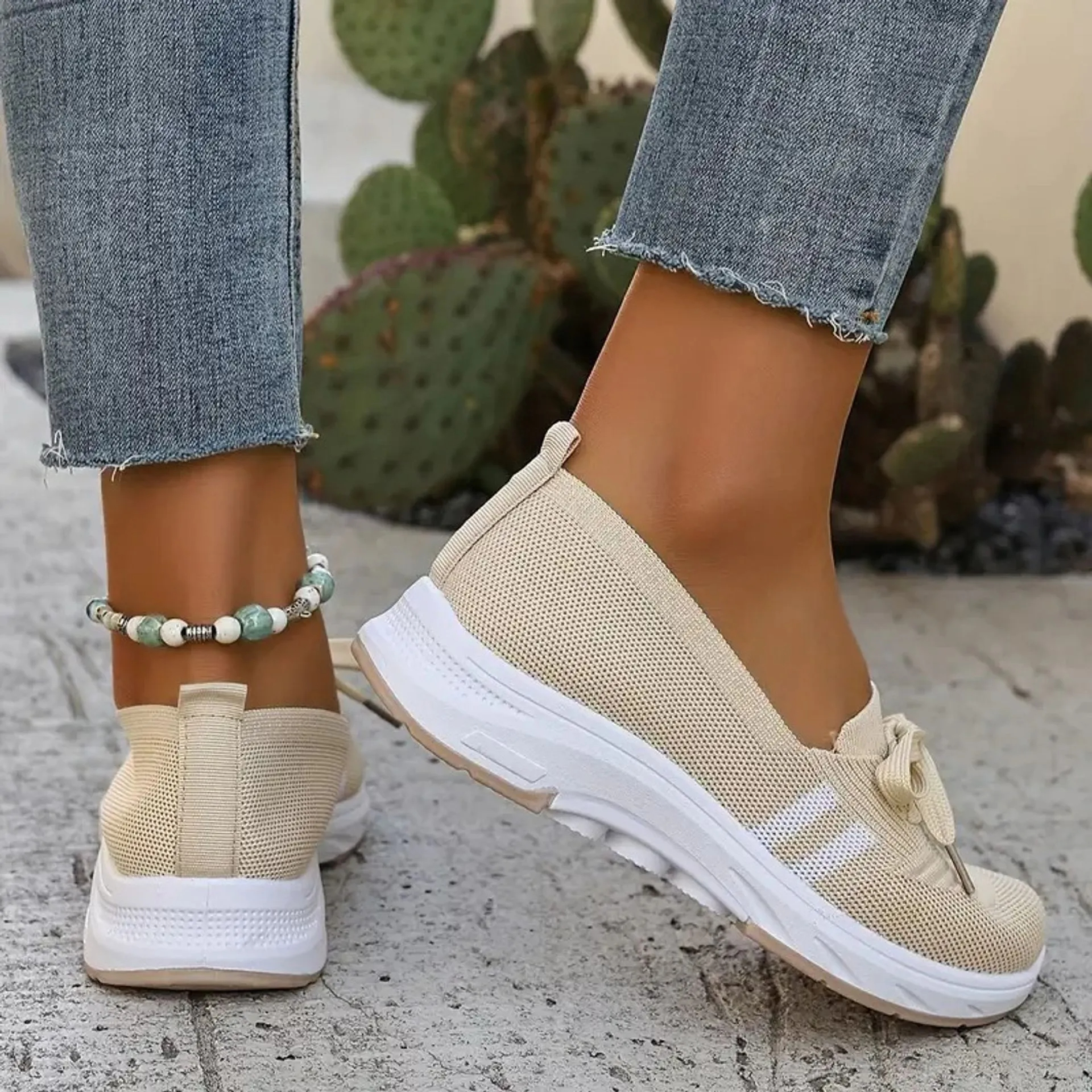 🔥SUMMER BEST SELLER🔥WOMEN’S BREATHABLE KNIT SLIP-ON SNEAKERS WITH BOW – LIGHTWEIGHT LOW-TOP CASUAL SHOES IN BEIGE & WHITE FOR EVERYDAY COMFORT
