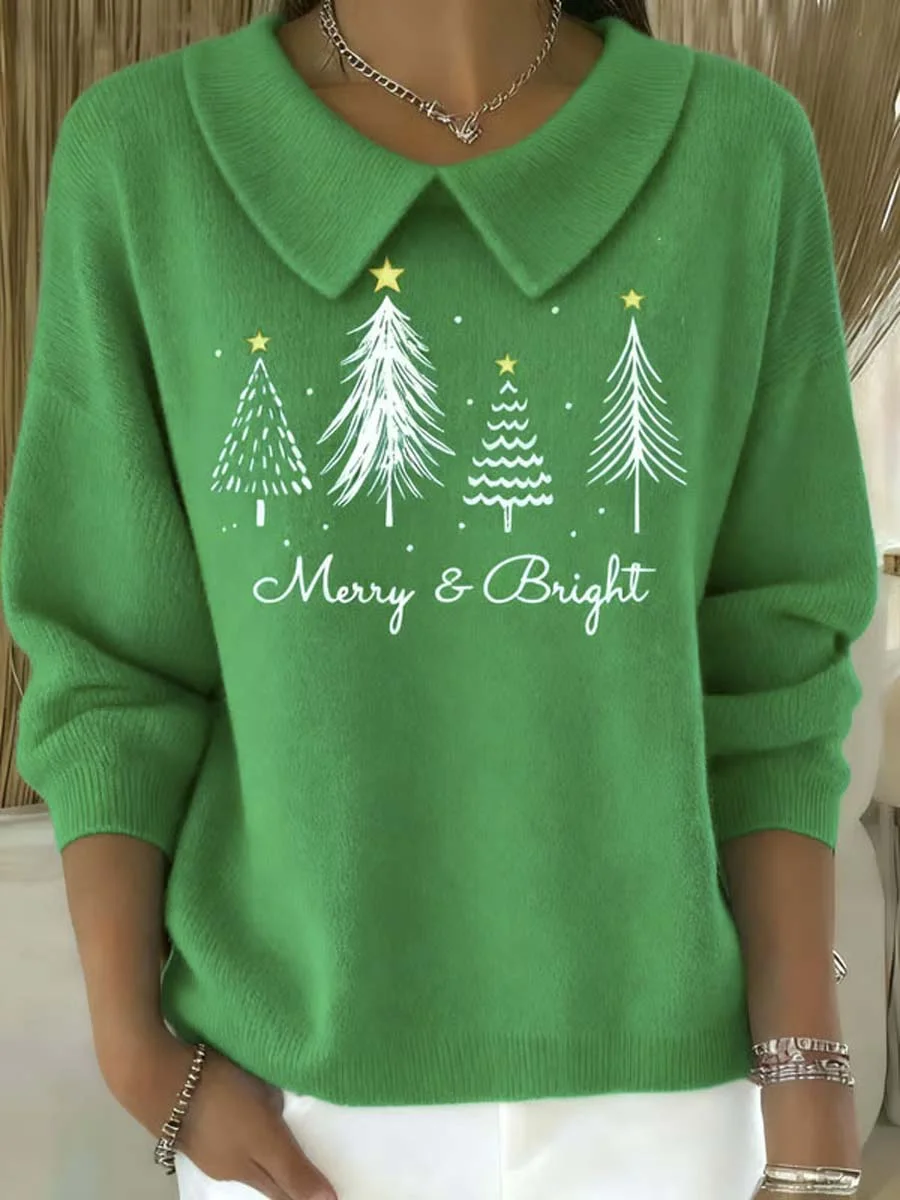 Women's Christmas Tree Pattern Art Casual Peter Pan Collar 3/4 Sleeve Sweater
