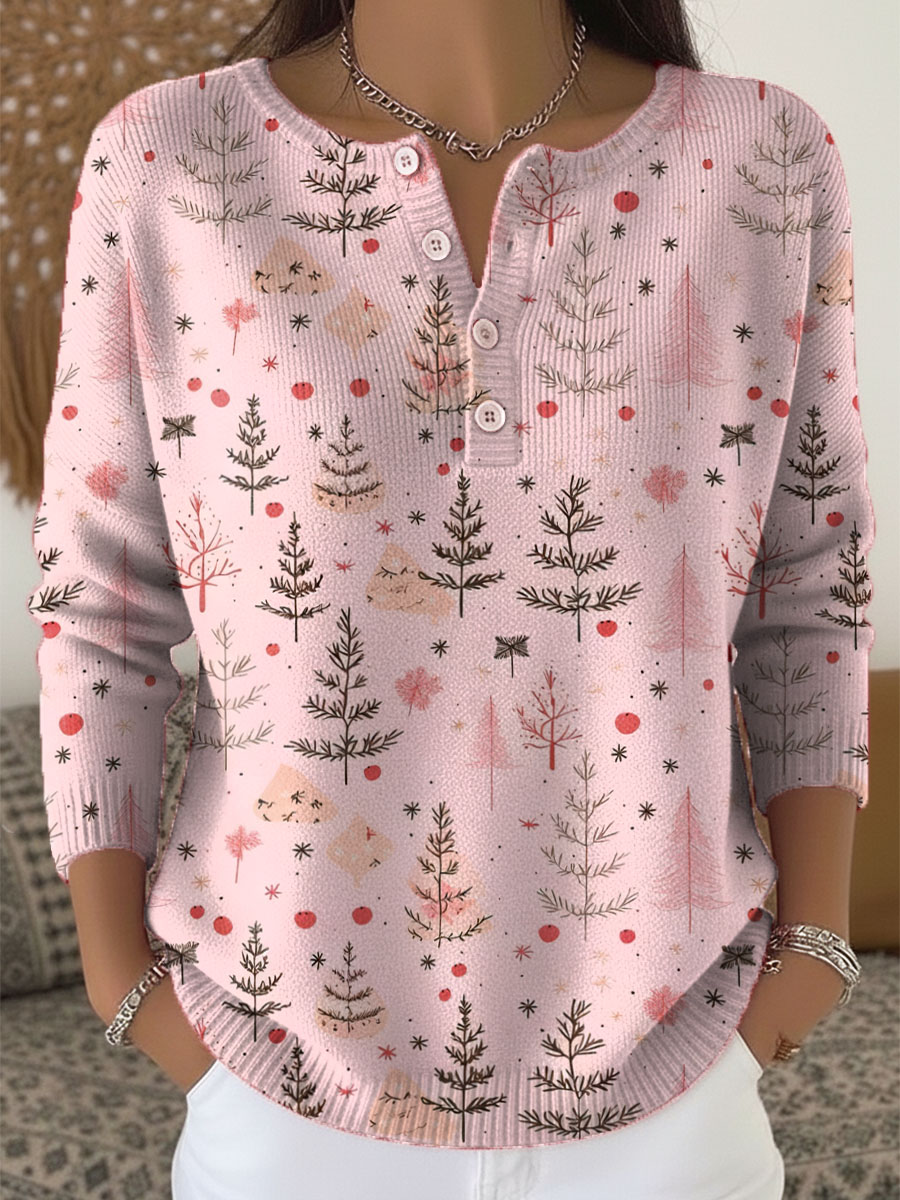 Women's Christmas Tree Art Print Buttoned Cardigan Sweater