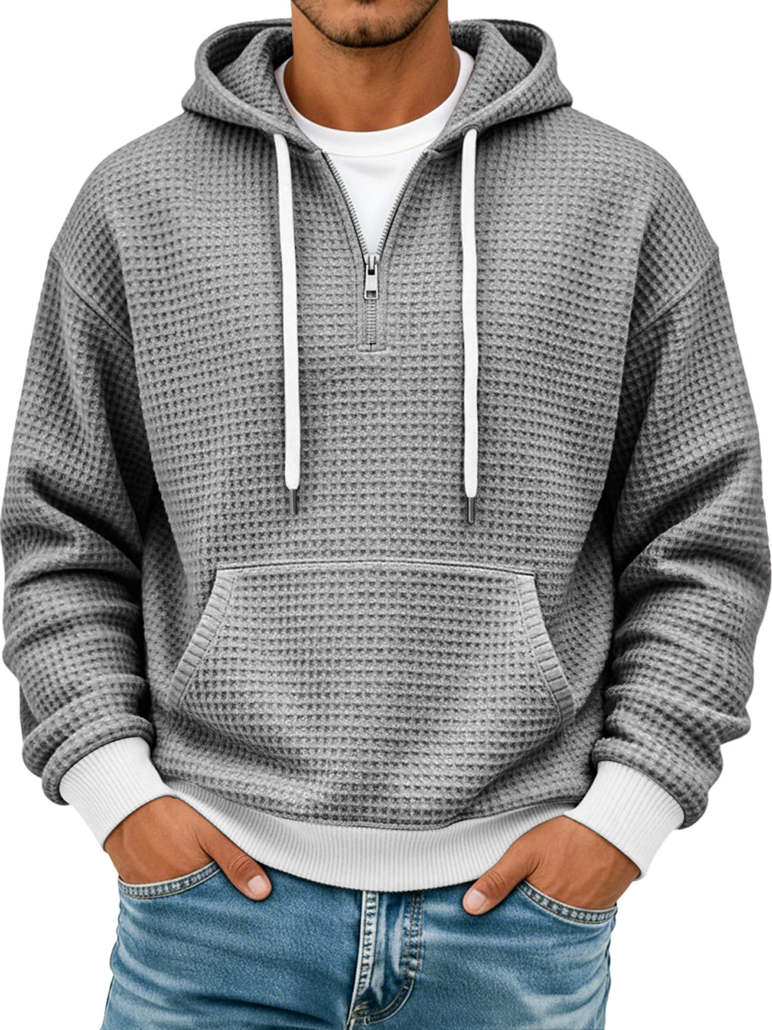 Men's Waffle Texture Colorblock Casual Hooded Sweatshirt