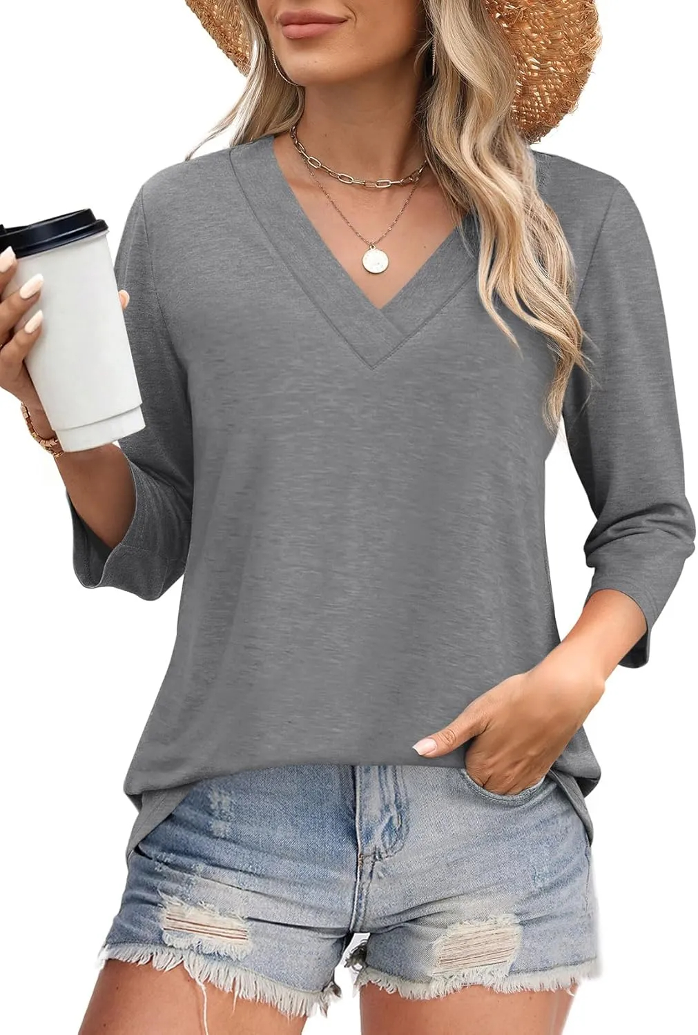 Women's V Neck 3/4 Long Sleeve Loose Fit Tops
