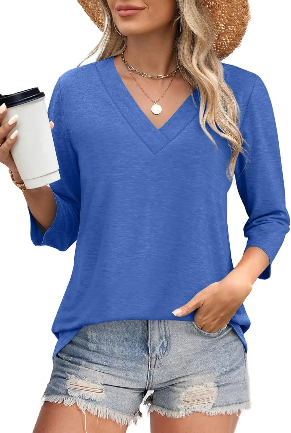 Women's V Neck 3/4 Long Sleeve Loose Fit Tops