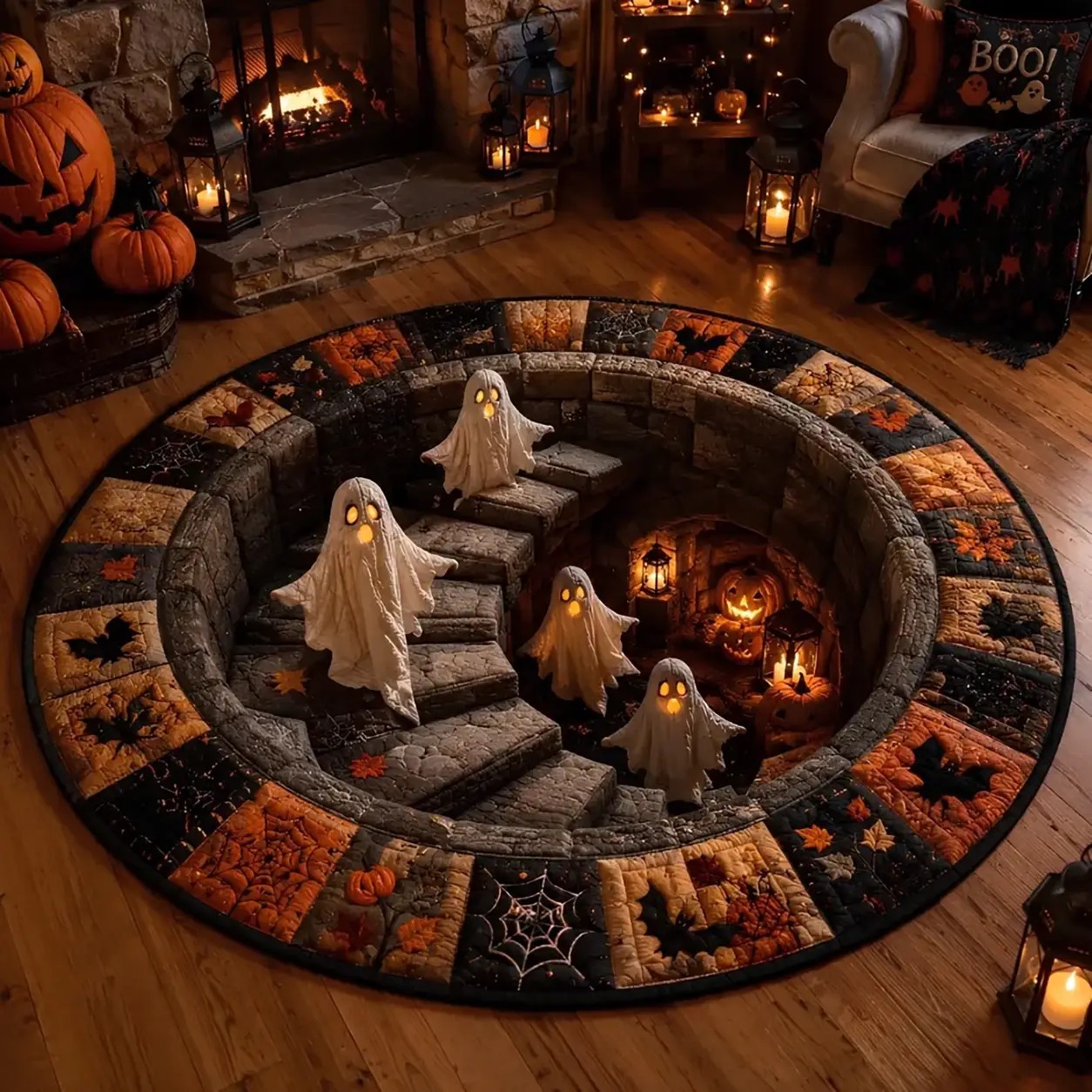 3D Skeleton Vortex Quilted Round Halloween Rug