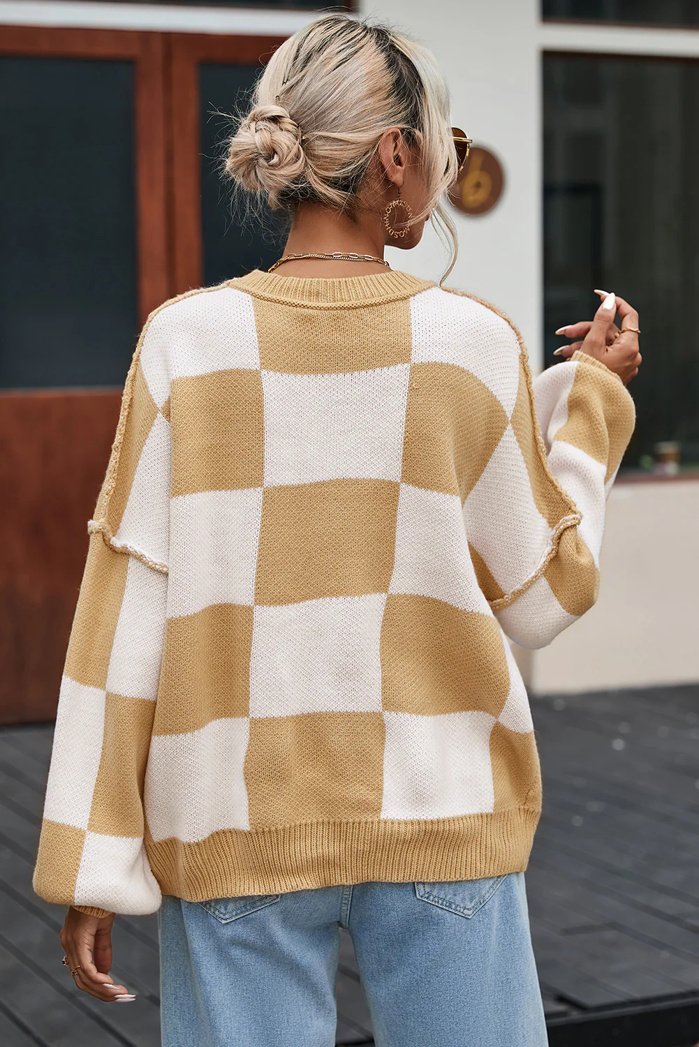 Oversized Checkered Knit Sweater | Retro Slouchy Pullover